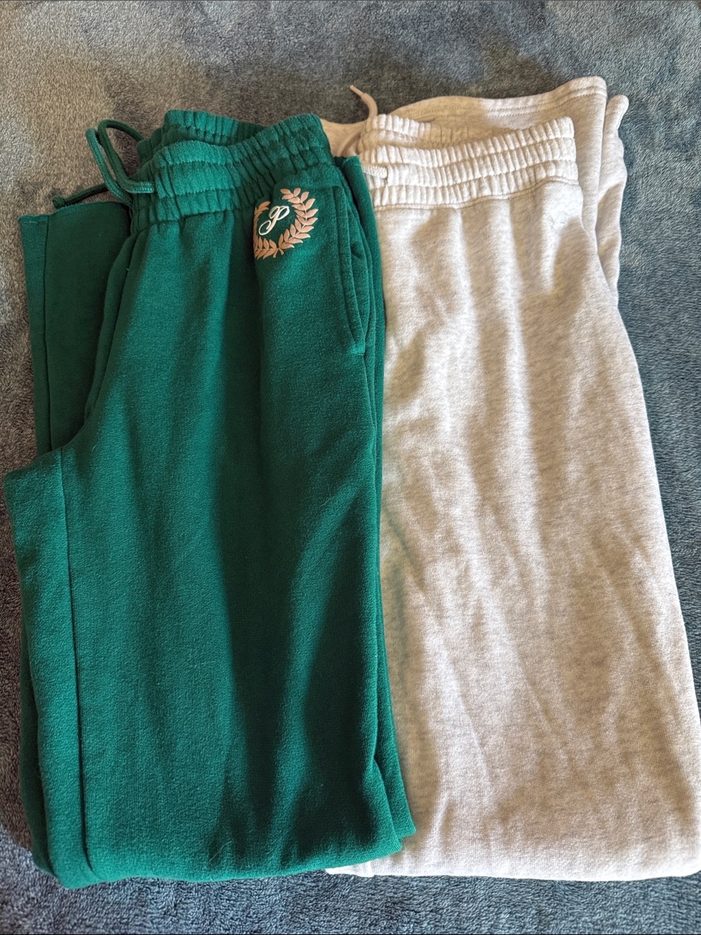 XS Green and Light Gray Fleece Sweatpants - green are Pink brand, grey hollister